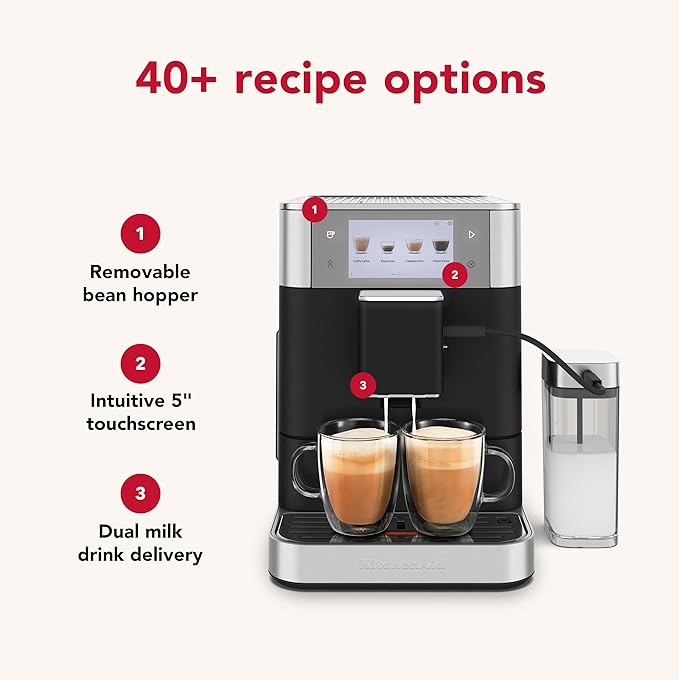 KitchenAid Fully Automatic Espresso Machine KF8 with Milk Attachment & Plant Based Milk Options, KES8558BK, Cast Iron Black