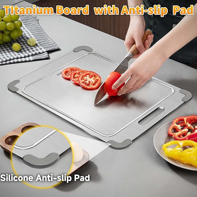 ZYBIDEAL 100% Pure Titanium Cutting Board with Grooves, Update Double Side Titanium Chopping Board, Silicone Anti-slip Stainless Cutting Boards for Kitchen 10 * 14 IN, Grey