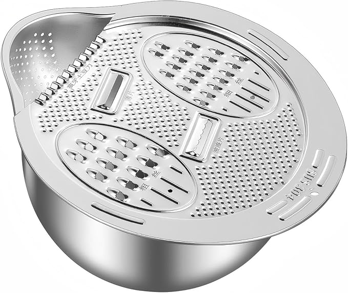 2-Piece 304 Stainless Steel Rice Washer Strainer Bowl with Grater Lid – Multifunctional Fruit Washing Basin and Rice Rinser Set, Heavy-Duty Kitchen Colander