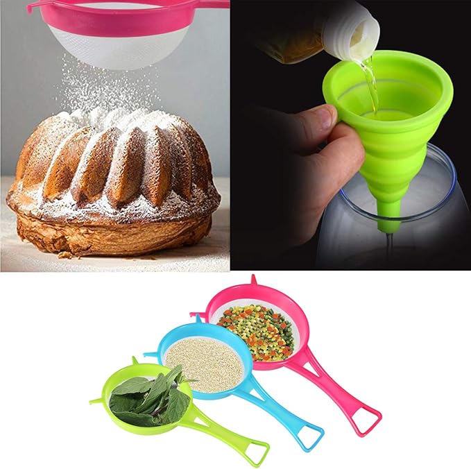 BENBO 4Pcs Plastic Mesh Strainer Colander Set, Food Soy Milk Flour Sieve Long Handle Icing Sugar Sifters Fine Strainer Tea Filter and 2 Pcs Silicone Foldable Funnel for Kitchen