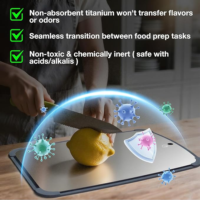 Pure Titanium Dual-Side Cutting Board with Non-Slip Pad ¨C Hygienic, Warp-Proof, Dishwasher Safe Kitchen & Outdoor Chopping Board, 13.4" x9"
