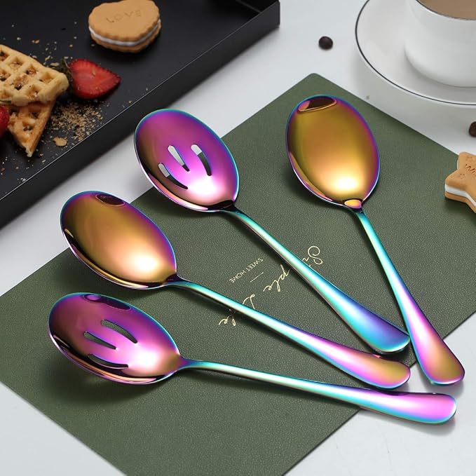 Kyraton Rainbow Serving Set - 4 Piece Titanium Plated Utensils, Includes 2 Spoons and 2 Slotted Spoons