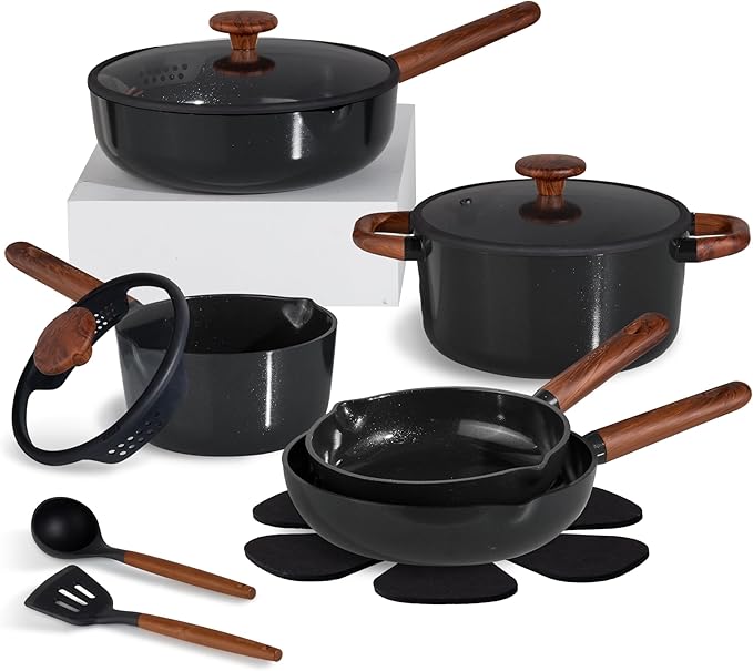CAROTE ceramic cookware set,nonstick pots and pans，14PCS Non Toxic Healthy Non Stick Kitchen Cooking Pots and Frying Pans Set, PFAS PTFE Free