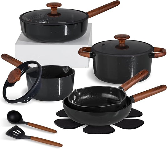CAROTE ceramic cookware set,nonstick pots and pans，14PCS Non Toxic Healthy Non Stick Kitchen Cooking Pots and Frying Pans Set, PFAS PTFE Free