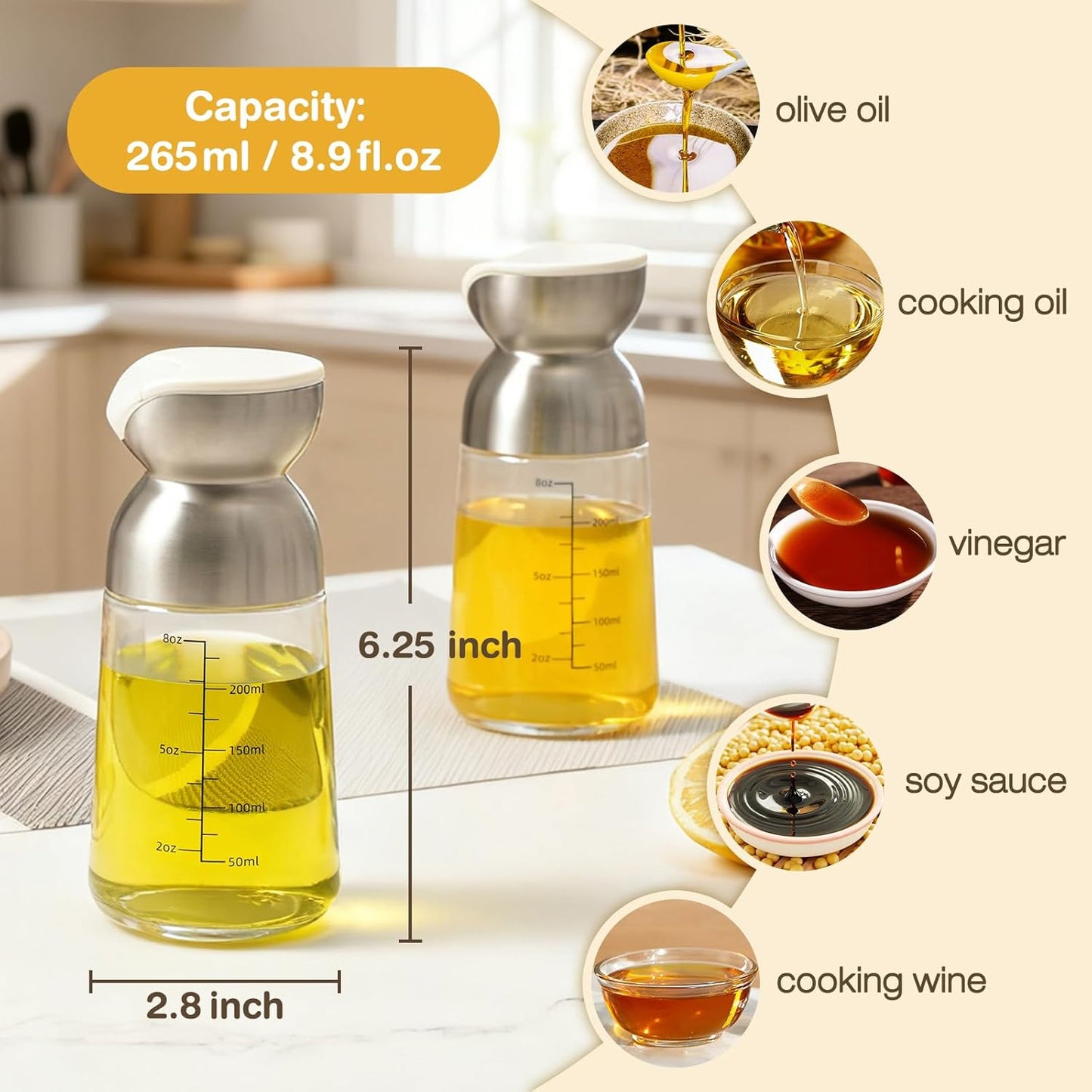 Vucchini Olive Oil Dispenser Bottle 9 Ounce Soy Sauce Vinegar Dispenser Cooking Oil Bottle Container for Air Fryer, Salad, BBQ, Frying