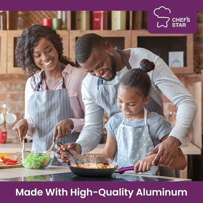 Chef’s Star Aluminum Pots and Pans Set for Kitchen - Nonstick Stackable Induction Cookware, 11 Pcs, Purple