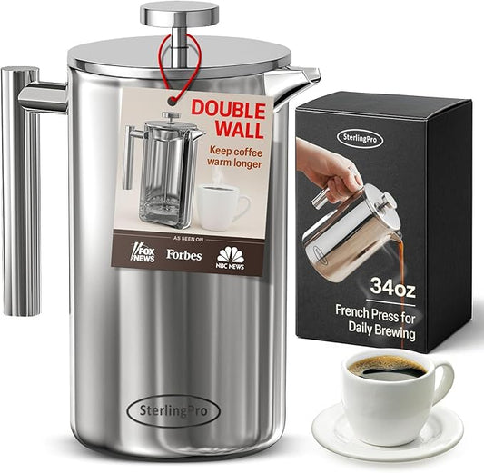 SterlingPro Stainless Steel French Press Coffee Maker Large 1 L(34 oz) Mirror – Durable Double Walled Insulated Coffee Press Keeps Drinks Hot, Easy to Use and Clean Stylish Design for Rich Flavor