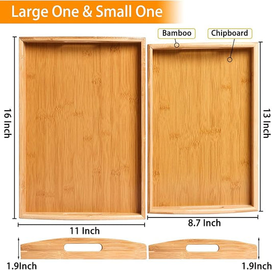 2 Pack Bamboo Serving Tray with Handles, Portable Bed Tray for Breakfast Dinner, Eating Trays for Living Room,Restaurants