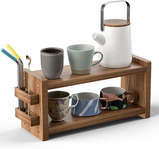 Coffee and Matcha Station Organizer for Home Kitchen Office Countertop - 2 Tier Solid Wooden Shelf Organizer with Straw Holder for Matcha, Pods, Sugar, Tea, Cups, Stirrers, Mugs Storage