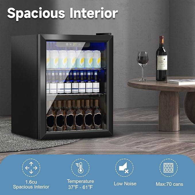 Stopasd Compact Beverage Refrigerator, 1.6 Cu.Ft/70 Can Drink Fridge, with Glass Door, Adjustable Shelves & Digital Display, Quiet Undercounter Small Fridge for Home/Office/Bar/Garage,Sliver