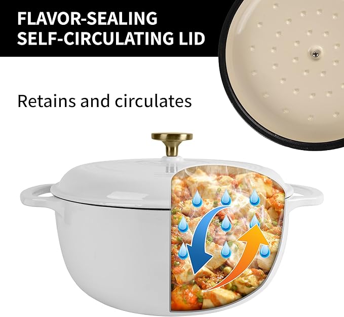 Fijxzct Premium Enameled Cast Iron Dutch Oven for Bread Baking | Non-Stick 2QT Oval Bread Oven with Lid | Perfect for Sourdough, Loaf, and Artisan Baking (Round White, 5.5 QT)