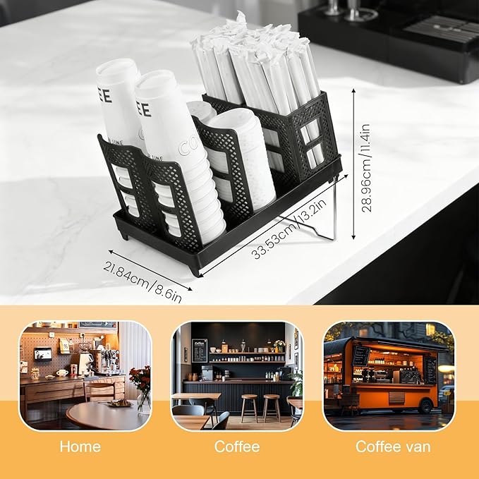 Paper Cup and Lid Holder with Straw Organizer, Coffee Cup Holder for Countertop Coffee Station, Bar, Kitchen, Office Black
