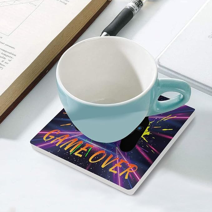 Square-4PCS Gamer Drink Coasters, Square Modern Ceramic Absorbent Coasters, Gaming Graffiti Gamepad Colorful Game Controller Cool Gamer Decor Desk Coffee Table Coaster for Beverage Cup Tea Coasters