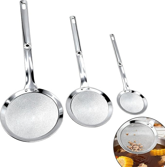 3 Pack Fine Mesh Skimmer Spoons, 304 Stainless Steel Strainer Ladles with Long Handles, Extra Fine Kitchen Sieves for Oil, Grease, Foam, Pasta, Seafood & Hot Pot Cooking