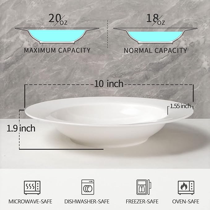 Artena Pasta Bowls 20oz, Large Salad Serving Bowls, 10 inch White Soup Bowl, Porcelain Pasta Bowl Set of 4, Rimmed Deep Pasta Plates, Wide and Shallow for Dinner, Microwave Dishwasher Safe