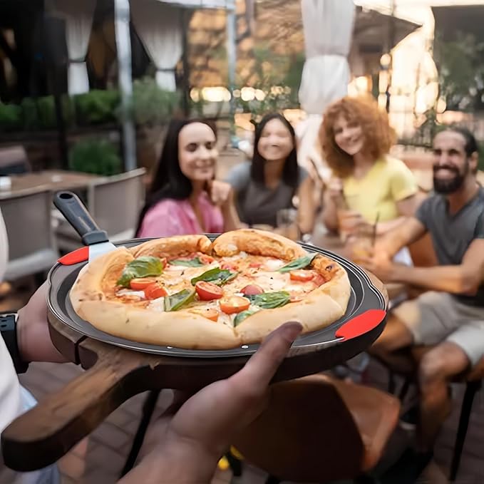 ZOEHROWS 13 Inch Pizza Pan for Oven, Round Pizza Pan with Holes - Non-Stick Carbon Steel Pizza Tray with Silicone Handles - for Cooking, Baking, and Grilling - Dishwasher Safe