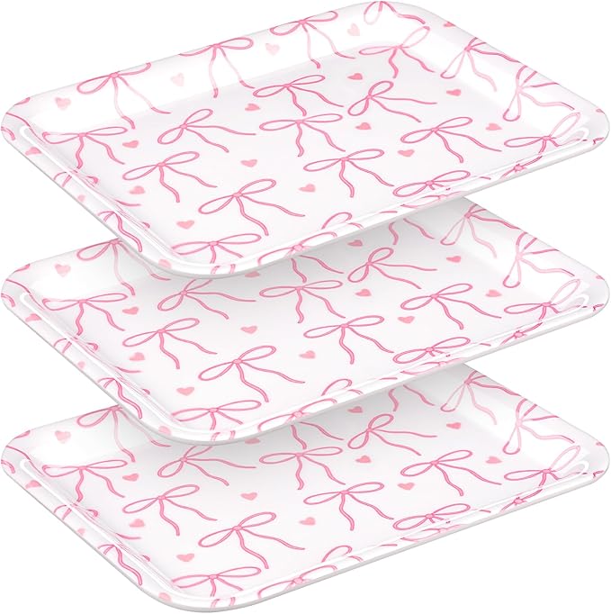 Tioncy 3 Pcs Pink Bow Serving Tray Bowknot Reusable Plate Dish 13" x 10" Decorative Tray Platter for Serving Food Room Organiser Home Party Supplies