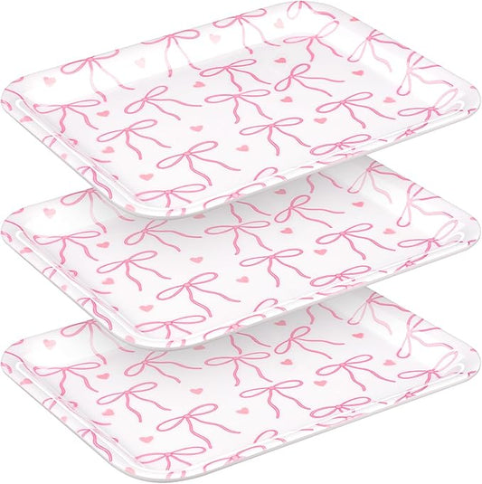 Tioncy 3 Pcs Pink Bow Serving Tray Bowknot Reusable Plate Dish 13" x 10" Decorative Tray Platter for Serving Food Room Organiser Home Party Supplies