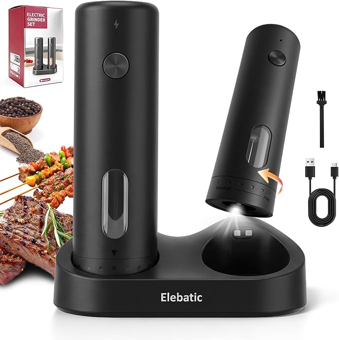 Upgraded Larger Capacity 110ml Electric Salt and Pepper Grinder Set, Rechargeable Automatic Salt and Pepper Shakers with LED light,Kitchen Appliances with External 6 Adjustable Coarseness