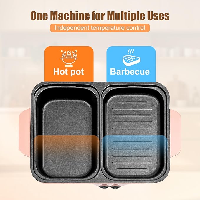 2 in 1 Electric Hot Pot with Grill, Non-Stick Electric Hot Pot and Frying Pan Fast Heating Baking Pan Multifunctional Nonstick Griddle for BBQ, Steaks, Noodles & More
