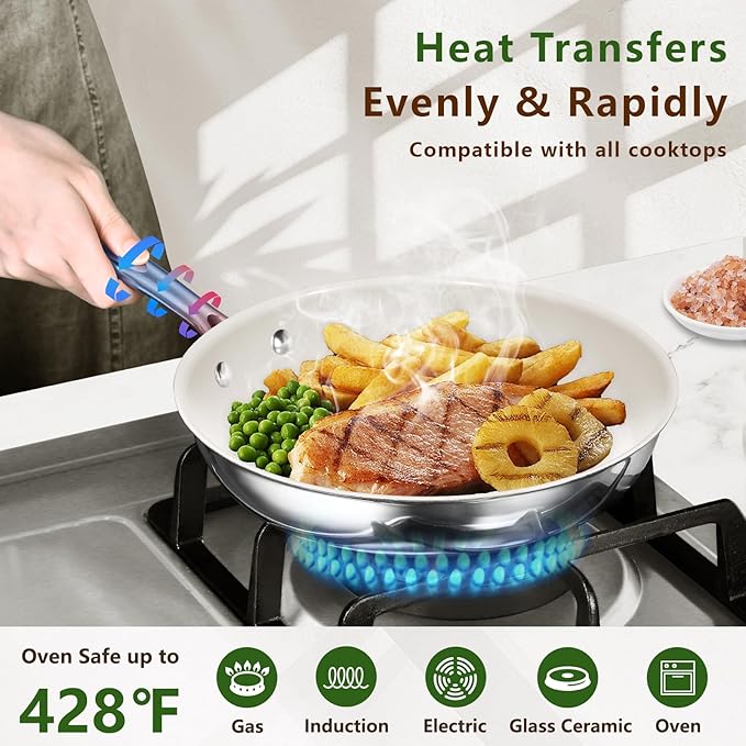 SAKAMOSH 9.5 Inch Nonstick Ceramic Frying Pan, Tri-Ply Stainless Steel Skillet with Stay-Cool Handle, PFAS/PFOA/PTFE Free, No Seasoning Required, High Heat & Induction Safe, Dishwasher/Oven Safe