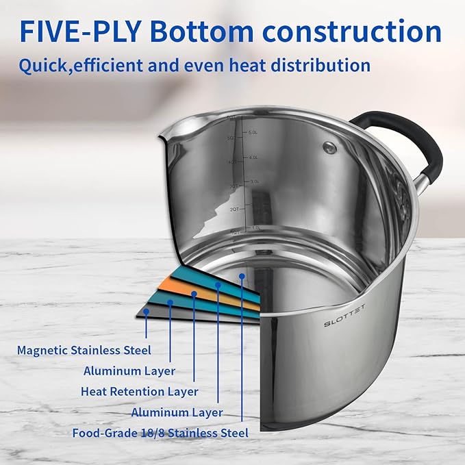 SLOTTET 6 Quart Stainless Steel Stock Pot with Strainer Glass Lid,6 Qt Soup Pot Multipurpose Stockpot with Pour Spout,Stay-cool silicone Handle.