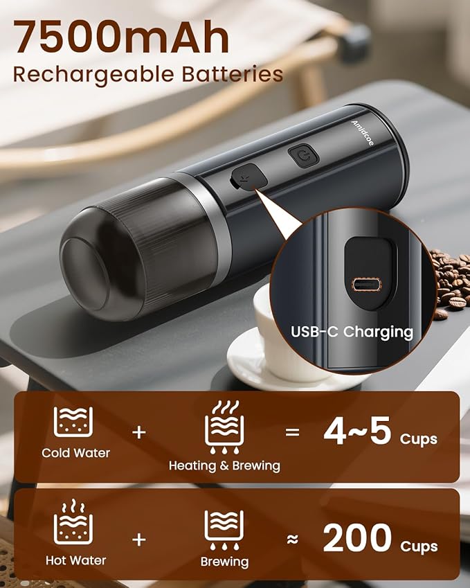 Amjdcoe Portable Espresso Maker, 20 Bar Electric Espresso Machine for Travel, Camping, Rechargeable USB-C Mini Coffee Maker for NS Capsule Pods and Ground Coffee, Gray