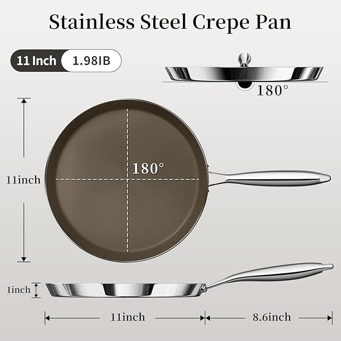 11 Inch Stainless Steel Crepe Pan - Titanium Ceramic Nonstick Crepe Pan, Stainless Steel Pancake Pan, Non Stick Flat Skillet Tawa Dosa Tortilla Griddle Pan, Induction Compatible, PFOA&PFAS Free