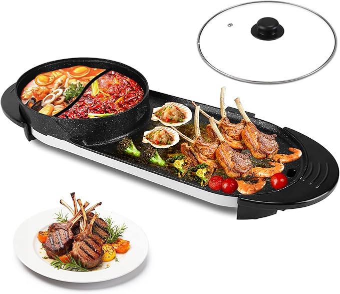 2200W Hot Pot with Grill 2 in 1 Electric Shabu Shabu Pot with BBQ Grill Cooker Indoor Smokeless Non-Stick Korean BBQ Grill with Independent Temperature Control 5 Gears Firepower for 2-10 People