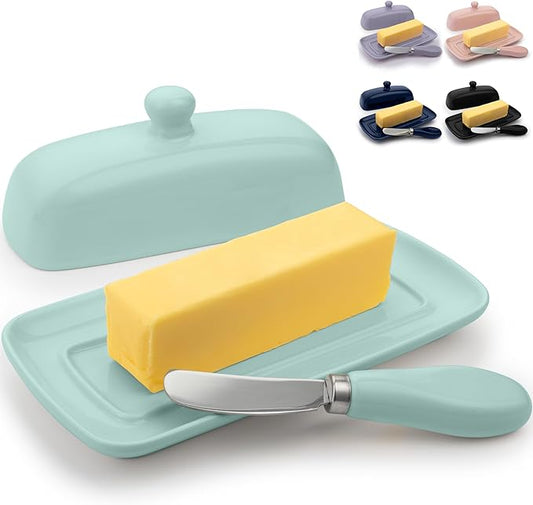 Zulay Butter Dish With Lid For Countertop - Porcelain Mint, Ceramic Butter Dish with Knob Handle Great for Cooking - Elegant Design Butter Holder - Durable & Sturdy Butter Keeper - Mint