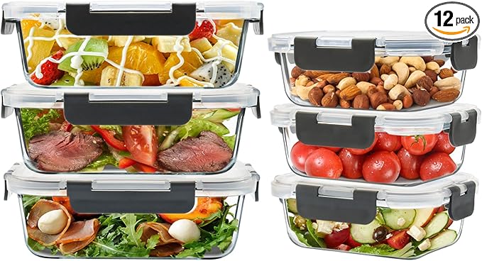 6 Pack Glass Food Storage Containers with Airtight Lids, Meal Prep Containers for Lunch, Leftovers, BPA Free (Grey)