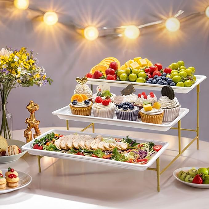 Lifewit 3 Tier Serving Tray for Party, 36 x 17 cm/14 x 6.5 Plastic Serving Platters, White Tiered Tray Stand with Gold Collapsible Metal Stand, Decorative Dessert Table Display Set for Buffet