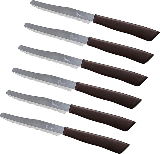 Tredoni 6 kitchen Knives - 4.3"/11cm Italian Stainless Steel Serrated Vegetable/Steak/Table Knife Cutlery, Rounded Tip (Brown)