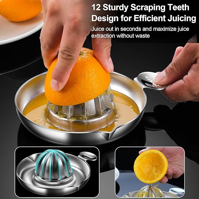 Lemon Squeezer Stainless Steel, Heavy Duty Manual Hand Juicer, Premium Citrus Reamer Juicer Rotation, Lime Orange Fruit Squeezer, 200ML Container 2 Pour Spouts, Dishwasher Safe（5-Year Warranty）