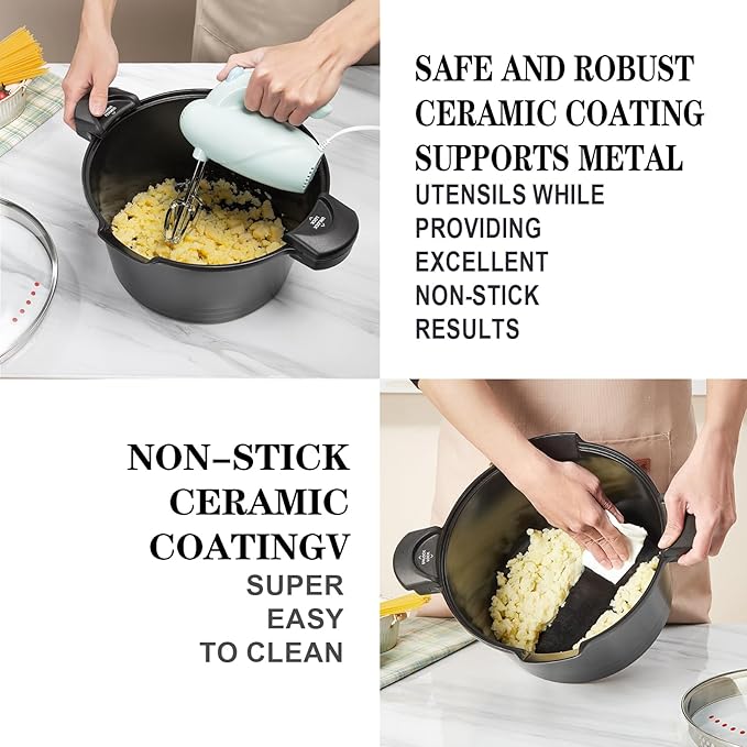 5qt Pasta Pot with Strainer Lid, Cast Aluminum Stockpot Multipot, Nonstick Ceramic Coating make Cleanup easy with Tempered Glass Lid, Dishwasher Safe, Induction, Black