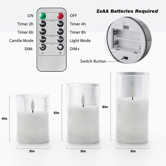 Ice Crystal Real Wax Glass Flameless Candles with Remote & Timer, Battery Operated Candles with Warm Flickering Flame, Realistic LED Candle for Wedding Home Decor [D3×H4/5"/6"] Clear, 3Pack