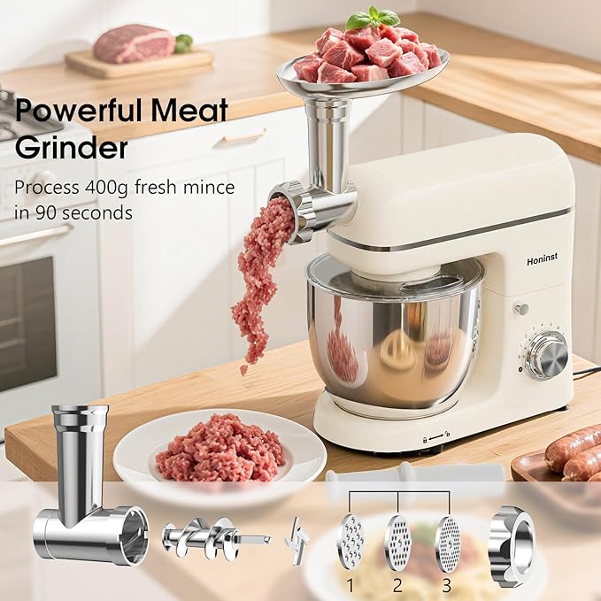 Honinst Stand Mixer, 7-IN-1 6.5QT 660W Multifunctional Electric Kitchen Mixers with Blender, Meat Grinder, Dough Hook, Whisk and Beater, 8-Speed Food Mixer for Baking, Cooking, Food Processing, Beige