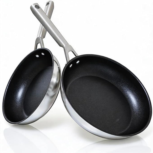 RV pan Stainless Steel Non Stick Fry Pan Set,8 & 10 Inch,Gas Electric Induction Compatible,PFOA Free,Dishwasher Safe,Oven Safe up to 500°F,2-Piece Cookware,Even Heat Distribution & Stay Cool Handles.