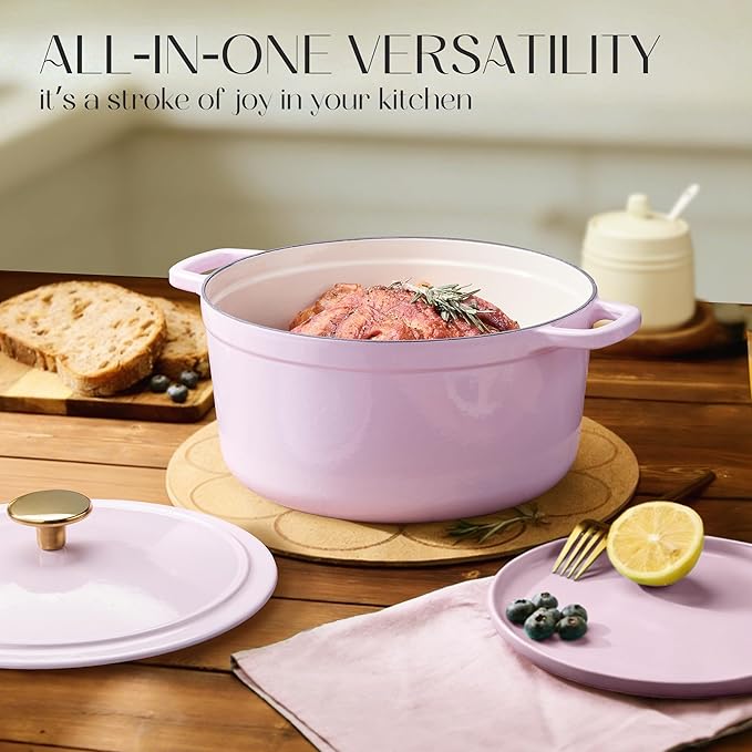 CAROTE 5QT Enameled Cast Iron Dutch Oven Pot with Lid, Heavy-Duty Dutch Ovens for Sourdough Bread Baking, Braising, Roasting, Dual Handles, Healthy & Non-Toxic, All Stovetop Compatible, Oven Safe up to 500° F, Macaron Purple