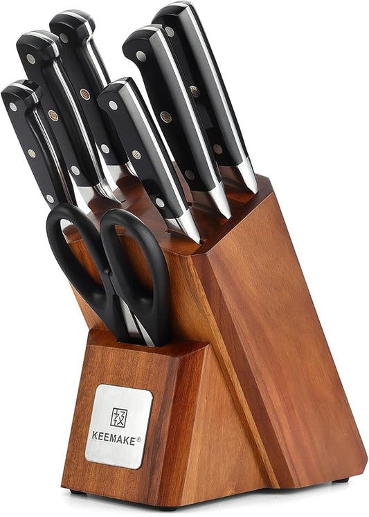 KEEMAKE Kitchen Knife Set with Block, 8Pcs Razor Sharp Chef Knife Set, High Carbon Stainless Steel Knife Block Set with Kitchen Scissors, Cooking Knives for Meat Vegetable Fruit