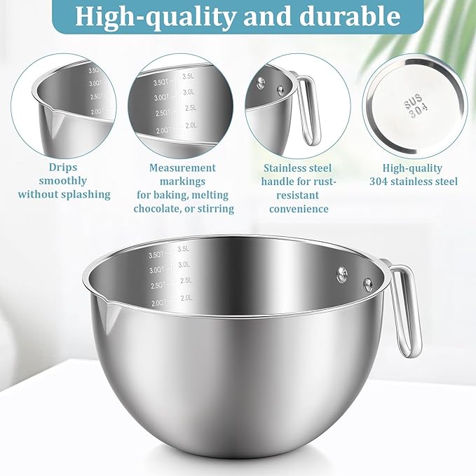 Double Boiler Pot Set, 3500ML/3.1QT Melting Bowl with Scale, 5000ML/ 4.5QT Dual-Handle Pot, Stainless Steel Double Boiler Set with Silicone Spatula, for Butter, Chocolate, Wax
