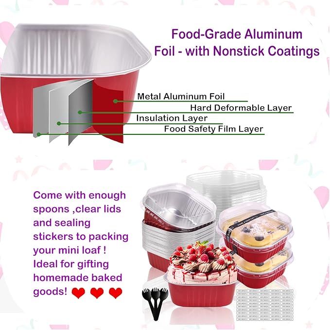 BZIDII 10oz Mini Cake Pans With Lids 50 Pack Aluminum Foil Square Brownie Baking Cups,4”x4” Disposable Loaf Pans With Lids and Spoons Stickers,Large Cupcake Pans Muffin Cake Tins Cake Container(Red)