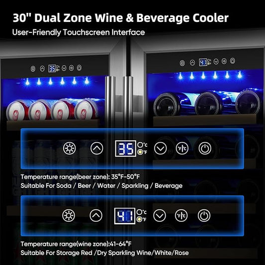 Wine and Beverage Refrigerator 30 Inch, Beverage Fridge Dual Zone with Upgraded Cooling, Wine Beverage Cooler Built-in or Freestanding, 30 Bottles and 110 Cans Large Capacity