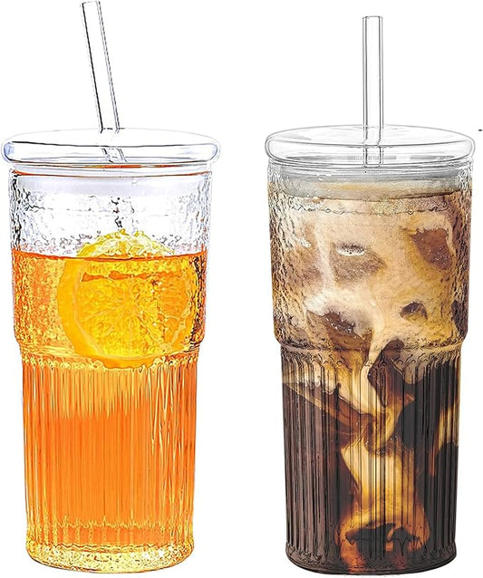 2PCS Glass Cups with Lids and Glass Straws, 20OZ Iced Coffee Cups, Home Essential and Coffee Bar Accessories Borosilicate Glass Tumblers with Lid and Straw for Beer, Cocktail, Tea and Latte, Clear