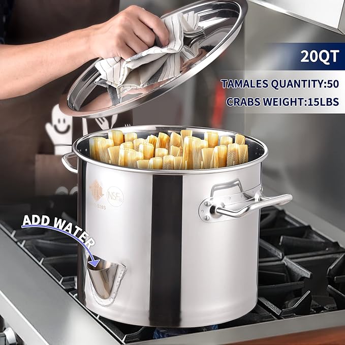 ARC 20QT Stainless Steel Tamale Steamer Pot w/Easy-fill Water Spout, Seafood Crab Steam with Divider and Steamer Rack, 5 Gallon