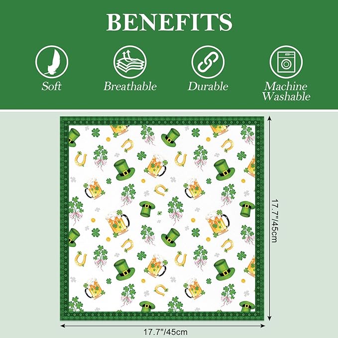 St. Patrick's Day Shamrock Napkins, 18×18 Inch Green Dinner Cloth Napkins Set of 6, Washable Cotton Soft Absorbent Square Napkins for Dining Kitchen Party Wedding Decoration