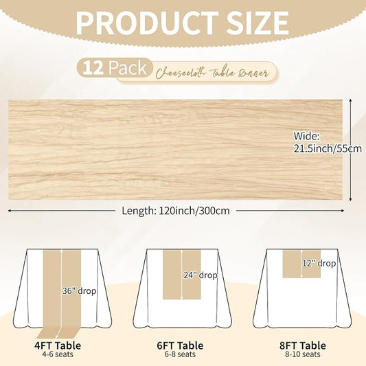 12 Pack Beige Cheesecloth Table Runner 10Ft, Gauze Table Runners 21.5 x 120 inch,Semi Sheer Cheese Cloth Fabric Runner Bulk for Wedding,Party,Baby Shower,Bridal Shower