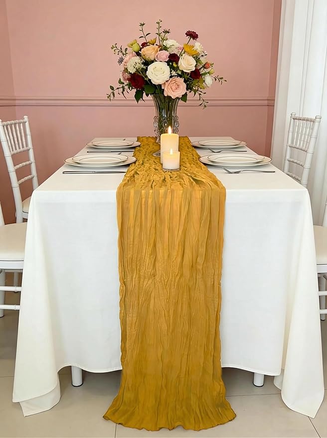 3 Pack Gold Cheesecloth Table Runner -17×120 Inch Gauze 10 FT Long Cheese Cloth Table Runners for Bridal Wedding Party Baby Shower Holiday Birthday Home Easter Decor (Gold, 3PC)