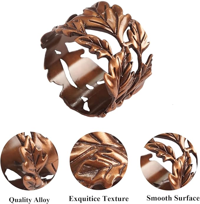 Leaf Shape Napkin Rings Set of 6, Bronze Napkin Rings Metal Napkin Ring Holders for Dinner Party, Wedding, Banquets,Thanksgiving, Holiday Table Settings
