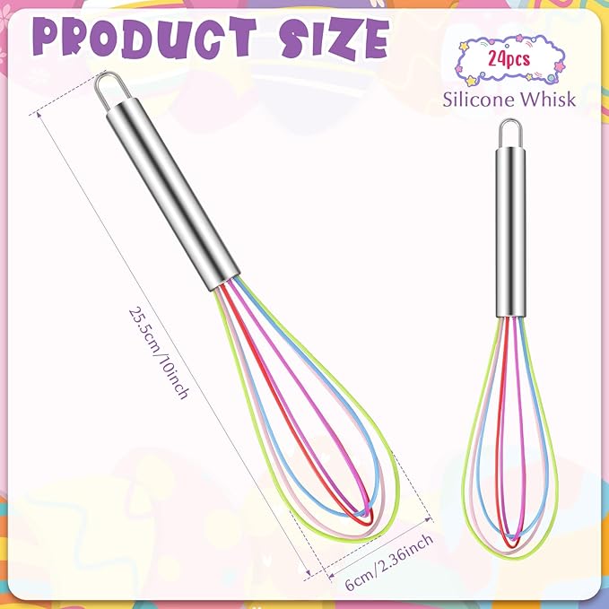 Domensi 24 Pcs 10 Inch Whisks Bulk for Cooking Silicone Whisks Non Scratch Stainless Steel Egg Beater Colorful Coated Metal Heat Resistant Egg Beaters for Valentines Day Party Favor Gift Supplies